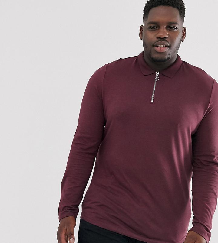 Asos Design Plus Organic Long Sleeve Polo With Zip Neck In Burgundy-red