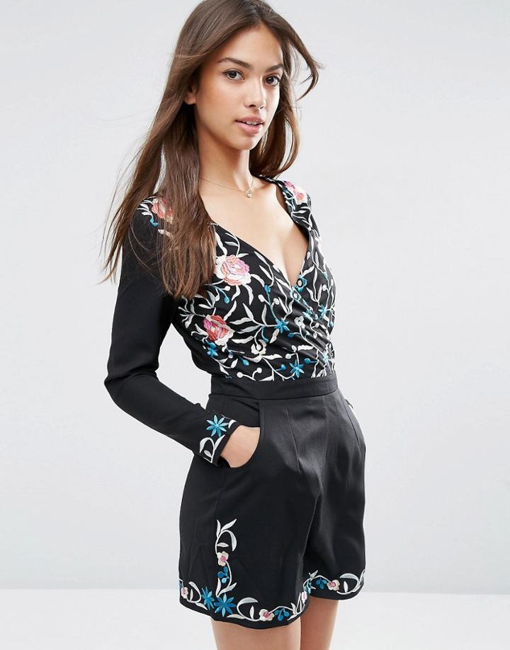 Asos Premium Floral Embroidered Wrap Romper - Multi
