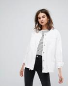Chorus White Oversized Raw Hem Collarless Denim Jacket - White