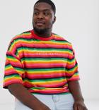 Asos Design Plus Oversized T-shirt In Rainbow Stripe With Embroidery - Multi