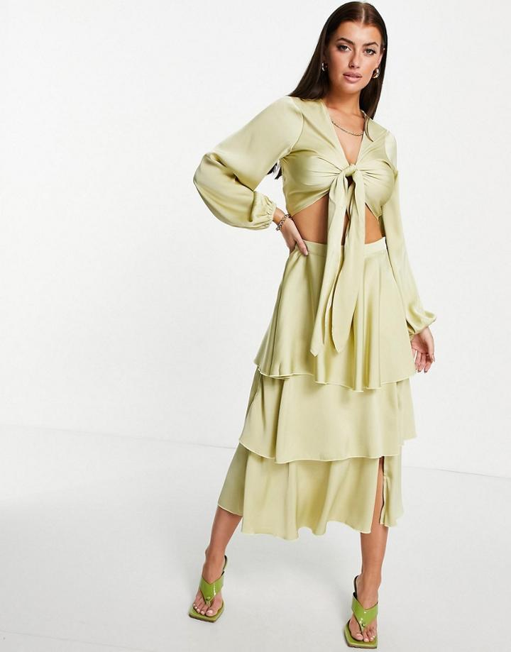 Pretty Lavish Ashton Tiered Coordinating Midi Skirt With Slit In Pistachio-green