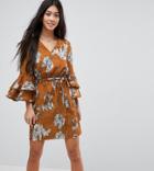 Parisian Petite Floral Print Dress With Tie Waist Belt And Ruffle Sleeves - Yellow