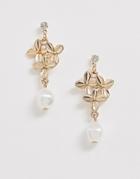 Asos Design Earrings In Floral Design With Mini Pearl Drop In Gold Tone - Gold