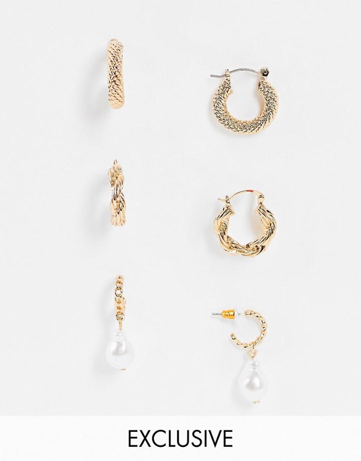 Reclaimed Vintage Inspired Hoop Earring 3 Pack In Gold And Faux Pearl