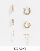 Reclaimed Vintage Inspired Hoop Earring 3 Pack In Gold And Faux Pearl