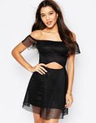 Missguided Bardot Grid Lace Skater Dress - Black