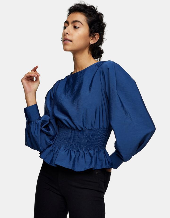 Topshop Shirred Blouse In Navy