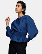 Topshop Shirred Blouse In Navy