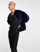 Asos Design Oversized Velvet Bomber Jacket In Navy