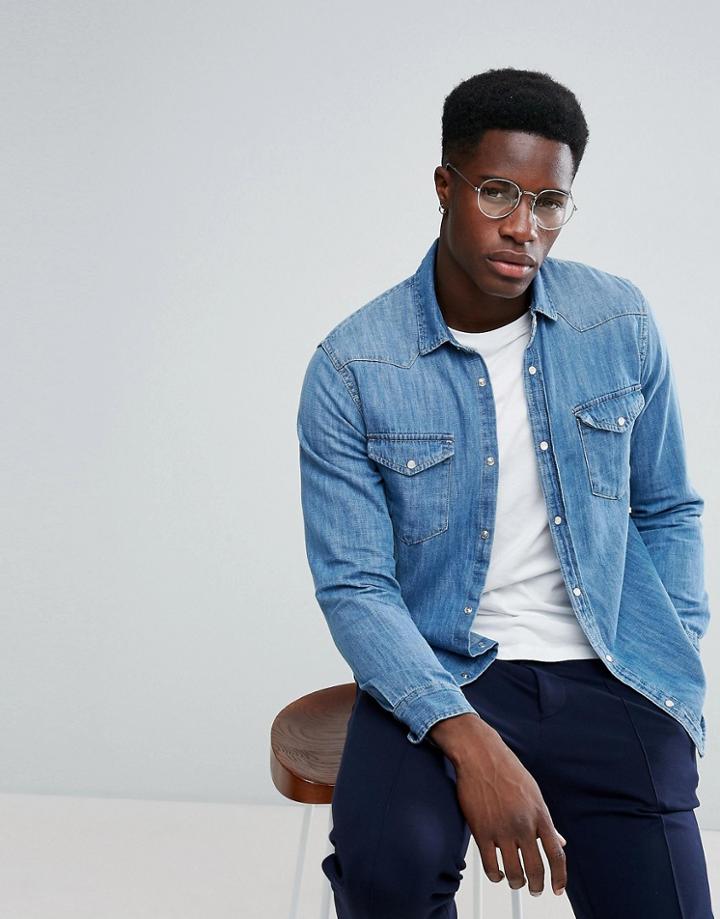 Stradivarius Denim Shirt In Light Blue - Blue