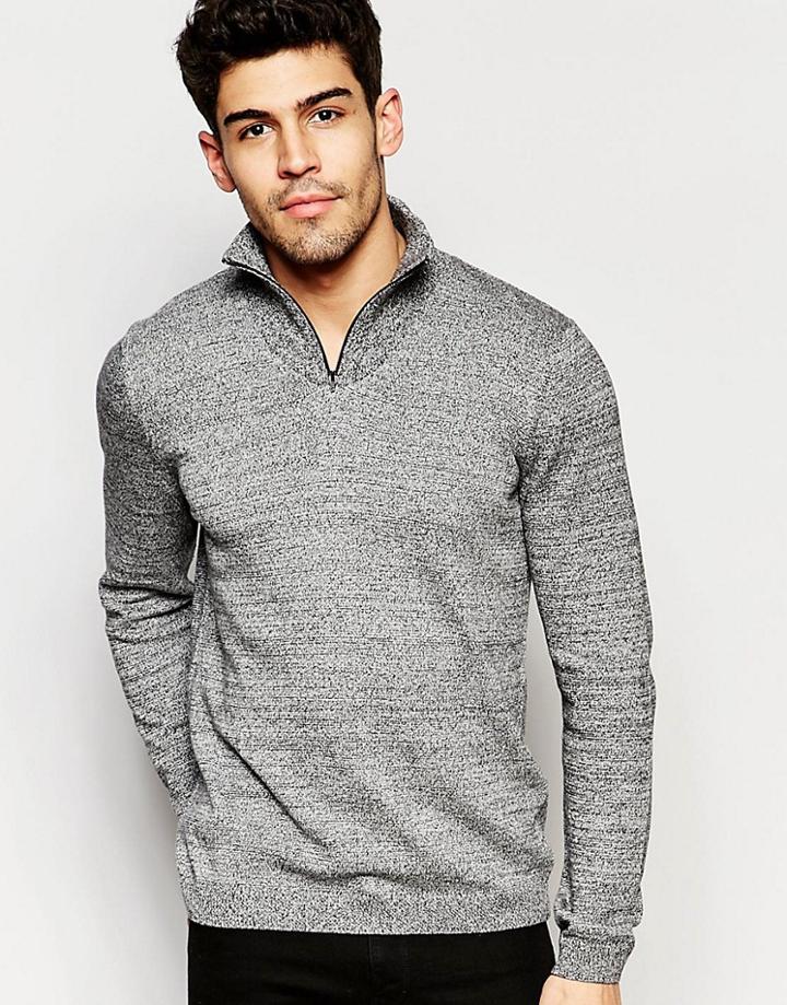 Asos Turtleneck Sweater With Zip In Black And White Twist - Gray