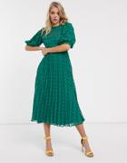 Asos Design High Neck Pleated Chevron Dobby Midi Dress With Puff Sleeve In Forest Green
