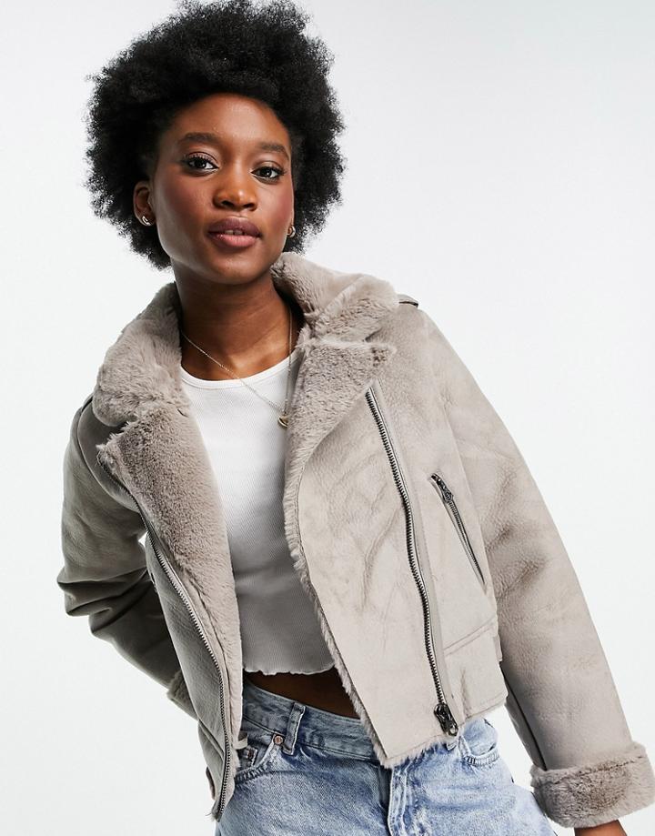 Stradivarius Faux Suede Short Aviator Jacket In Gray-grey