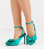 Asos Design Wide Fit Poetry Pointed High Heel Mules With Bow In Green Satin