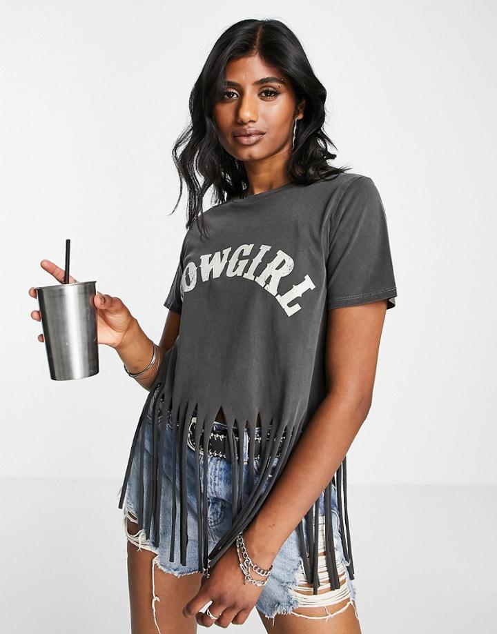 Asos Design Shredded Cowgirl Graphic Tee In Washed Charcoal-gray