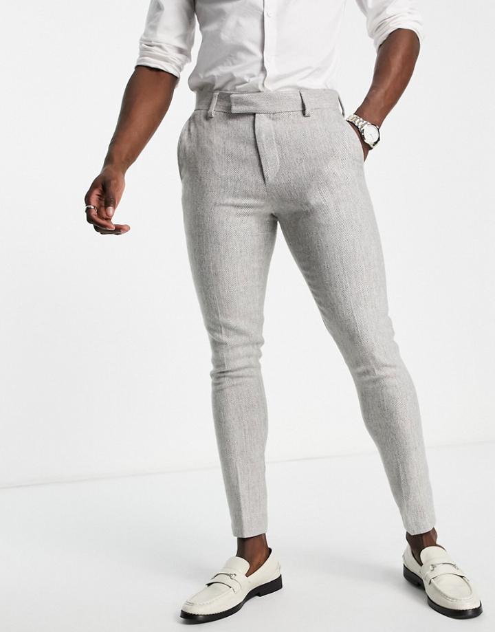 Asos Design Wedding Super Skinny Suit Pants In Ice Gray Herringbone