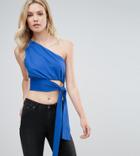 Asos Tall One Shoulder Crop Top With Tie Waist-blue