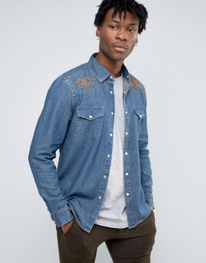 Asos Regular Fit Western Denim Shirt With Embroidered Front Yoke - Blu
