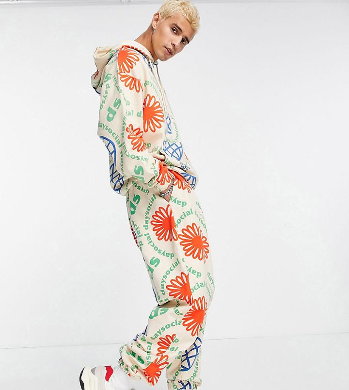 Asos Daysocial Oversized Sweatpants With All Over Print In Off White - Part Of A Set