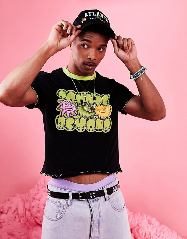 Asos Design Slim Shrunken Fit T-shirt With Contrast Ringer & Cartoon Print In Black