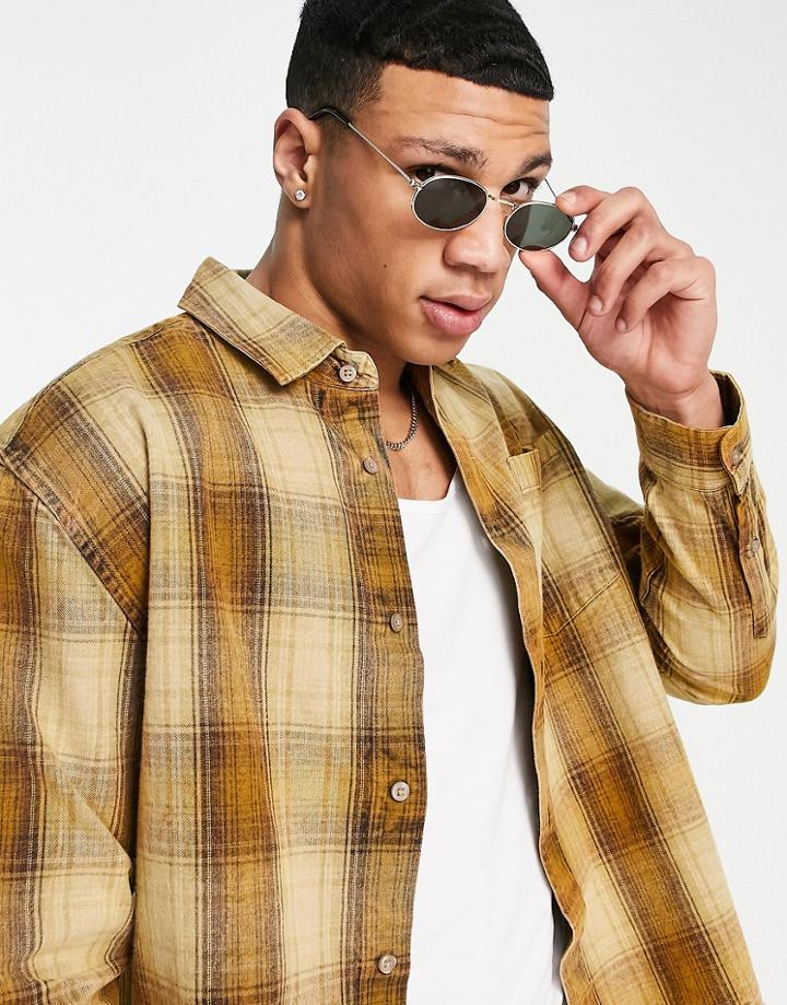 River Island Long Sleeve Shirt In Khaki Check-green