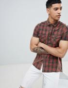 Asos Design Strech Slim Western Check Shirt With Acid Wash - Red