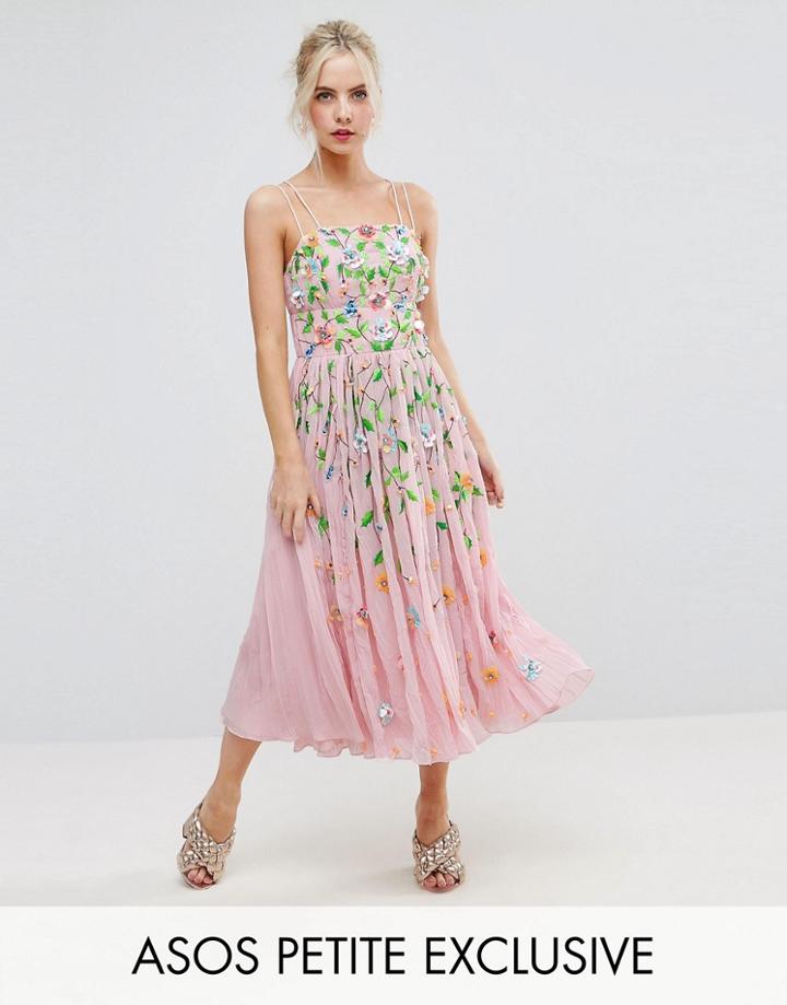 Asos Petite Salon Floral Embellished Crinkle Midi Dress - Pink