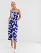 Qed London Floral Culotte Jumpsuit With Tie Back Detail - Blue