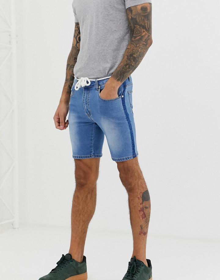 Liquor N Poker Denim Shorts In Stonewash With Rope Tie And Side Fade - Blue