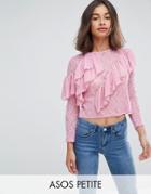 Asos Petite Long Sleeve Top In Lace With Woven Ruffles - Pink