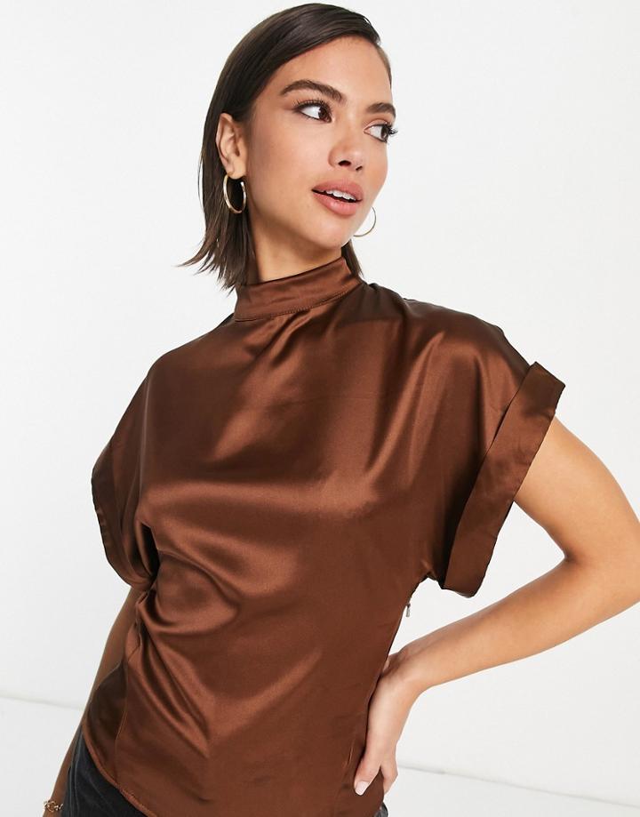 Asos Design High Neck Satin Top With Roll Sleeve In Brown