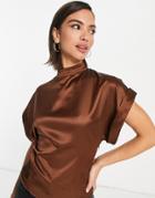 Asos Design High Neck Satin Top With Roll Sleeve In Brown