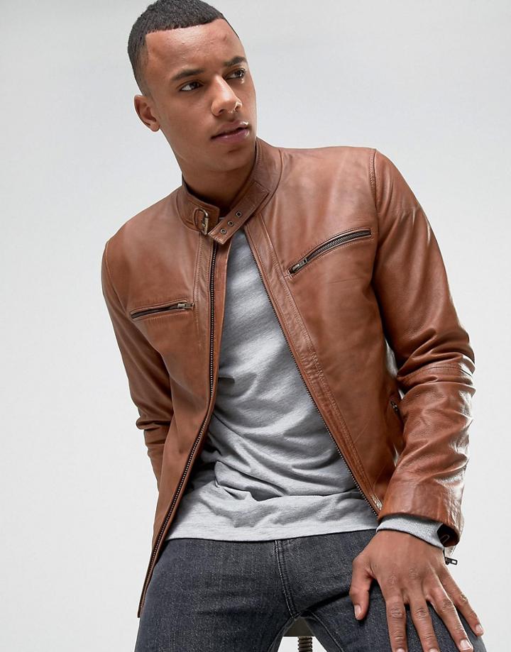 Barney's Originals Real Leather Jacket - Tan