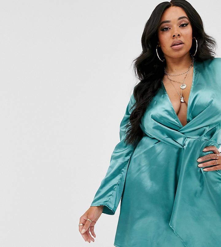 Saint Genies Plus Knot Front Satin Mini Swing Dress In Sage Green