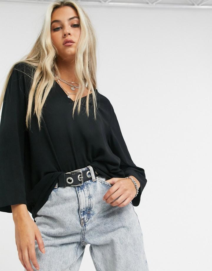 Object Bay 3/4 Sleeve V-neck Blouse In Black