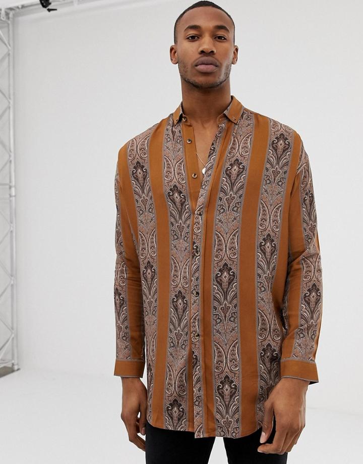 Asos Design Oversized Paisley Stripe Shirt In Longline With Dropshoulder - Brown