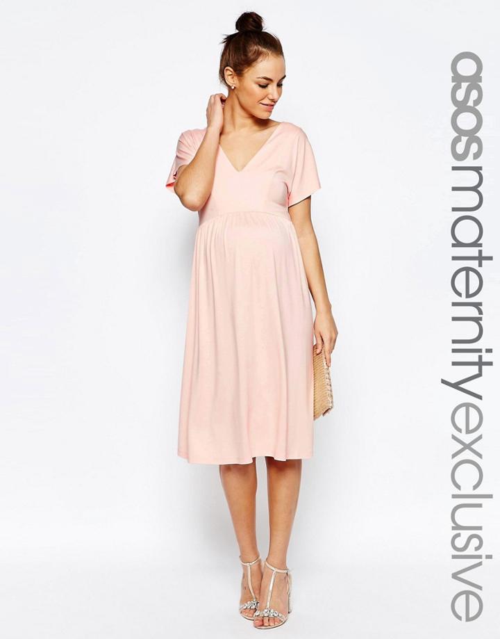 Asos Maternity Midi Dress With Flutter Sleeve - Pink