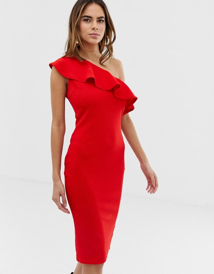 Ax Paris One Shoulder Frill Midi Dress - Red