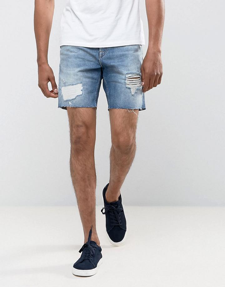 Jack & Jones Intelligence Regular Fit Denim Short With Rip Repair - Blue
