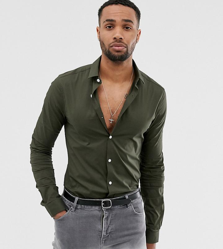 Asos Design Tall Skinny Fit Poplin Shirt In Khaki