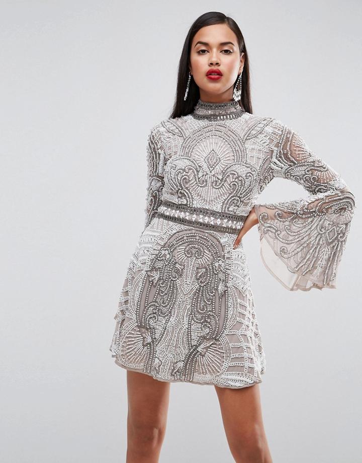 Asos Red Carpet Vintage Embellished Fluted Sleeve Mini Dress - Gray