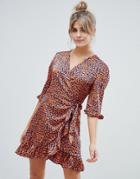 Boohoo Leopard Satin Ruffle Wrap Dress - Multi