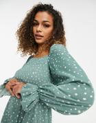 Missguided Milkmaid Mini Dress With Shirred Bust In Sage Polka Dot-green