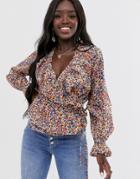 Asos Design Long Sleeve Wrap Top With Ruffle Detail In Floral Print - Multi