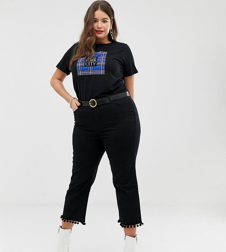 New Look Curve Cropped Jeans With Pom Pom Trim - Black