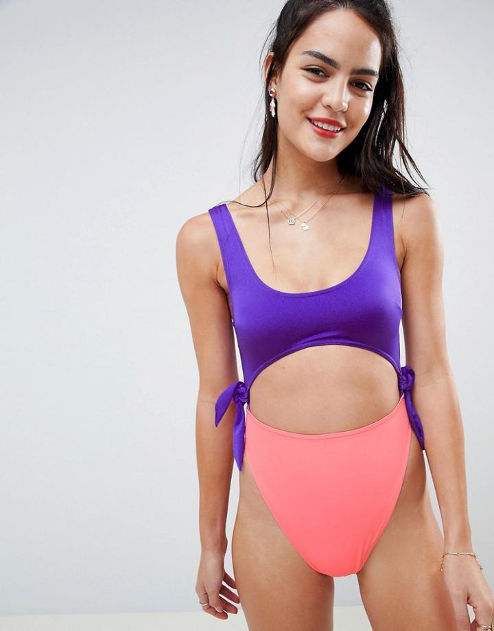 Asos Design Color Block High Leg Swimsuit In Multi - Multi