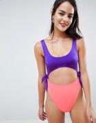 Asos Design Color Block High Leg Swimsuit In Multi - Multi