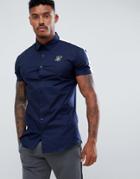 Siksilk Short Sleeve Shirt In Navy With White Side Stripe - Navy