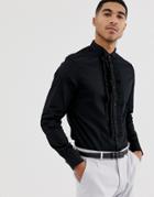 Asos Design Slim Sateen Shirt With Pleated Front In Black