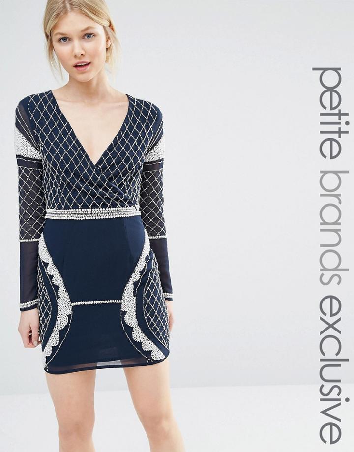 Maya Petite Long Sleeve Plunge Mini Dress With Patterned Beaded Embellishment - Navy